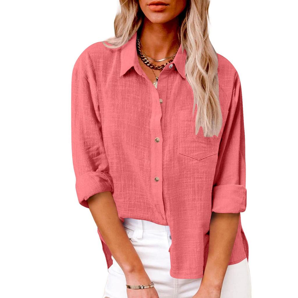 Women's Collar Long Sleeve Shirt Loose Fit Solid Color Linen Cotton Pocket Commuter Blouse