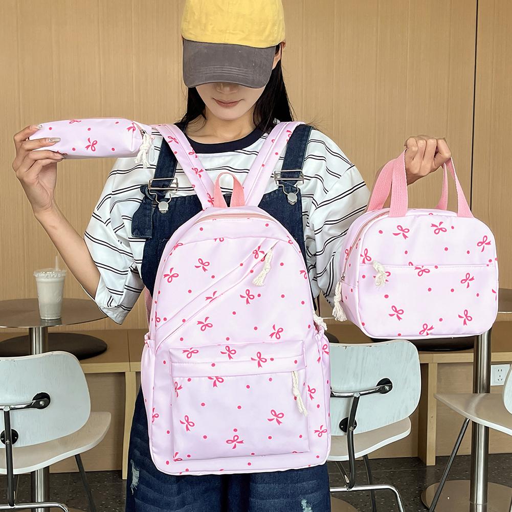 Moda Coreana Zaino da Donna con Stampa Fiocco Semplice Zainetto per Studenti Set di Borse Femminili Zaino Tre Pezzi con Borsa Pranzo Astuccio