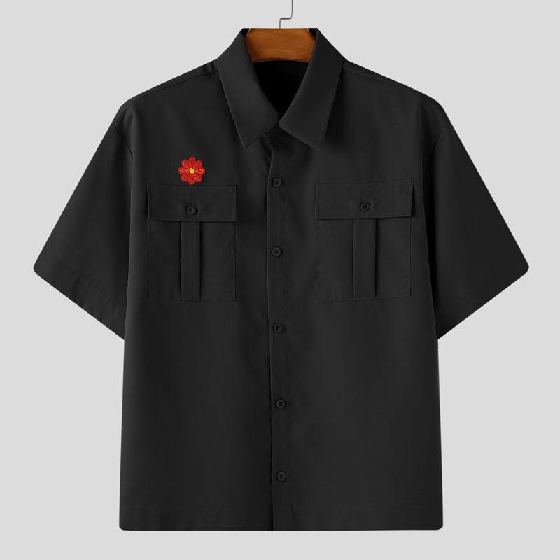 

INCERUN Summer Men Oversized Turn-down Collar Short Sleeve Floral Buttons Casual Shirts S чёрный