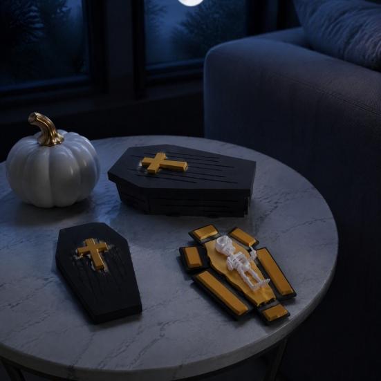Folding Coffins Figurine 3D Printed with Skeleton Ornament, Miniature Articulated Statue, Gothic Window Decor Dark Desktop Decoration for Halloween