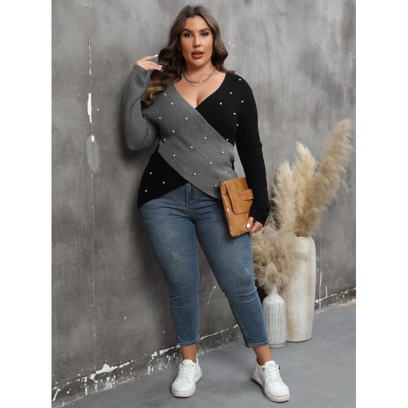 Women's Pearl Top Large Size Women's Contrast Stitching Deep V Cross Sexy Beaded Sweater