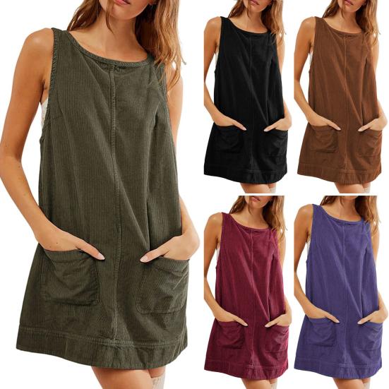 Women Dress with Pockets Sleeveless Oversized A-line Pure Color Backless Above Knee Length Lady Work Party Mini Dress