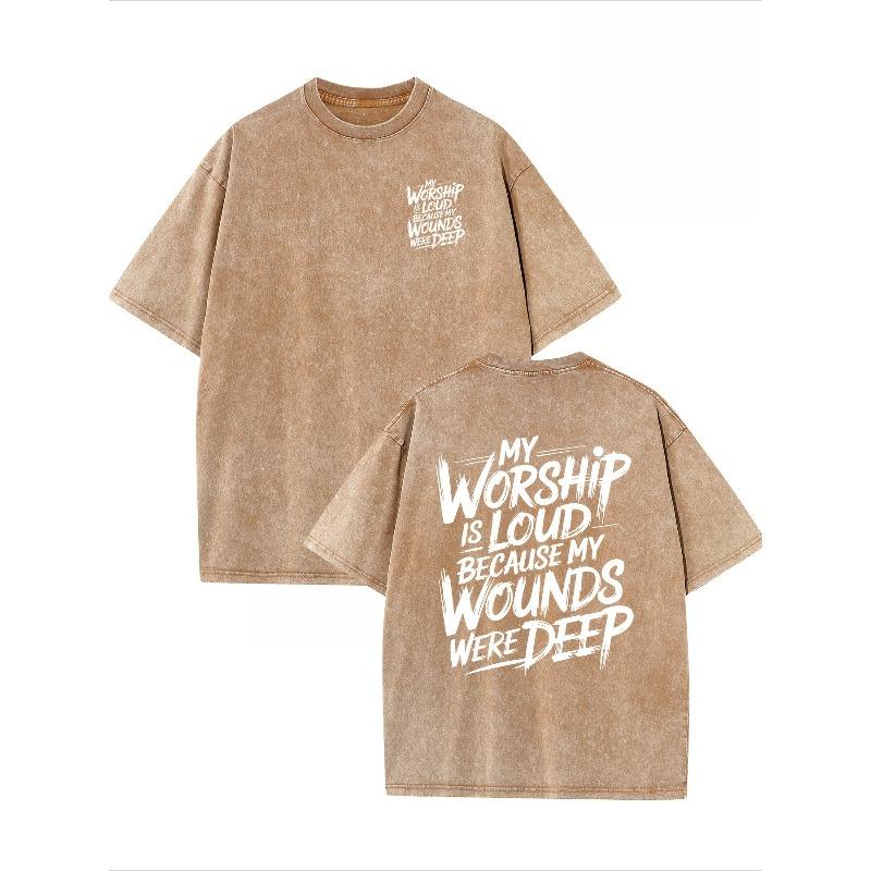 Vintage Creative Pattern Washed "My Worship Is Lord Because My Wounds Were Deep" Double-Sided Printed Washed Drop Shoulder Men'S Vintage Street Basic