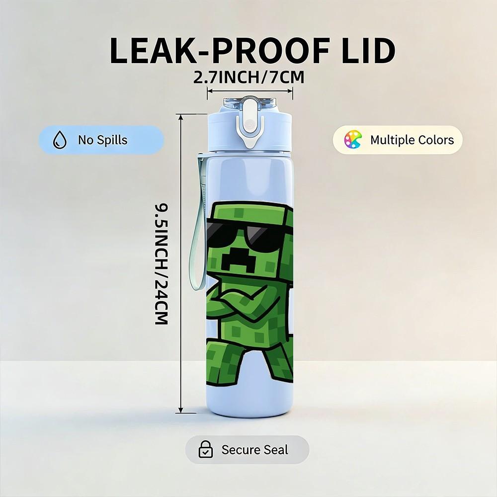 1PC Green Pixel Game Creature 750ml Color Plastic Sports Water Bottle Leakproof Flip Straw Lid For Sports Office Home Use