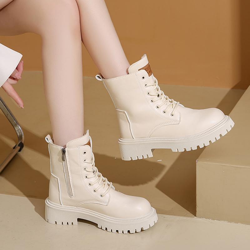 Warme Kurze Plüsch Pu Leder Stiefeletten Frauen Herbst Winter Plattform Kampfstiefel Frau Dicke Sohle Reißverschluss Schnürung Botas Mujer