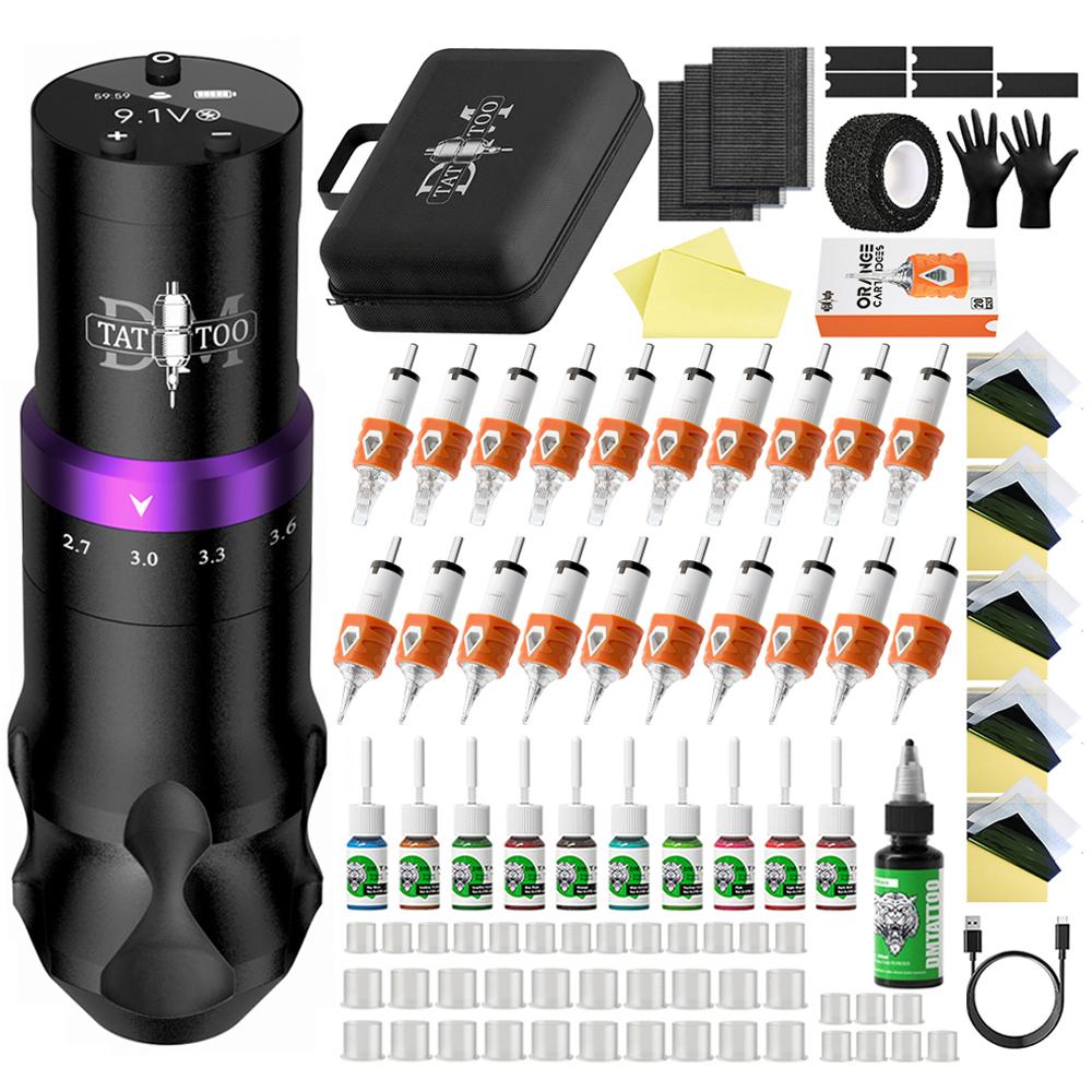 DM Gorilla Wireless Tattoo Kit Adjustable Stroke 2.4-4.2mm Tattoo Machine 1500mAh Powerful Low Noise Motor Orange Needle Ink Cup