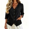 Women's Casual Linen Shirt with Three-Quarter Sleeves Button Down Loose Fit Top with Pockets