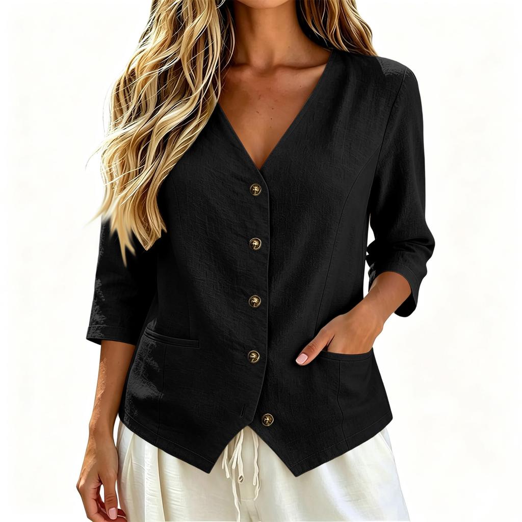 Women's Casual Linen Shirt with Three-Quarter Sleeves Button Down Loose Fit Top with Pockets