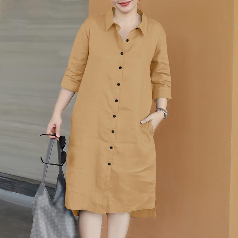 

ZANZEA Женское повседневное платье-рубашка с отложным воротником и рукавом 3/4 5XL хаки