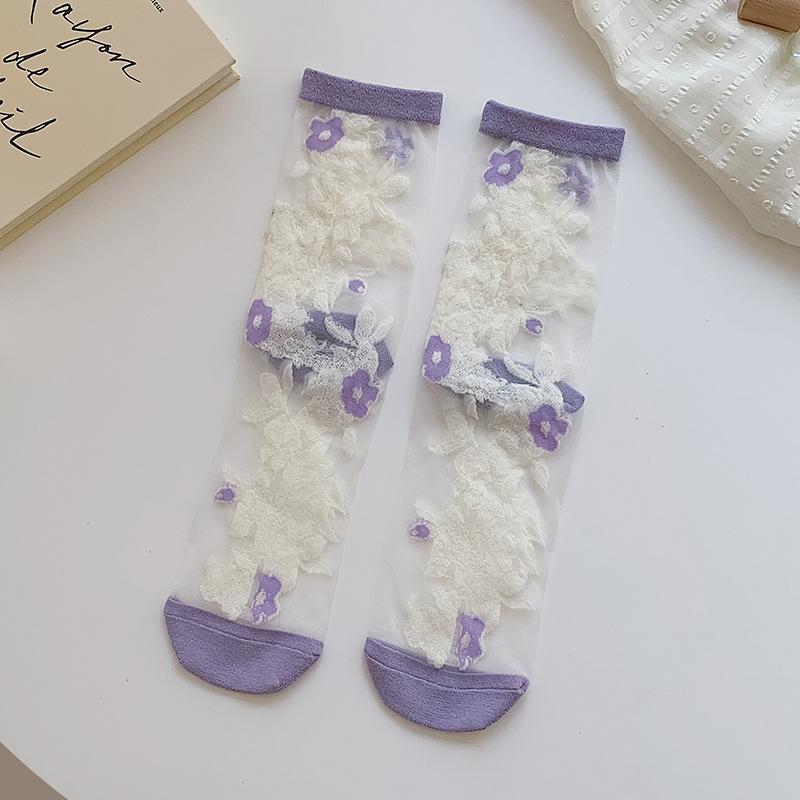Spring/Summer Ultra Thin Vintage Crystal Silk Stockings for Women Socks for Women Mid-tube Stockings Breathable Cotton Sole Glass Silk Stockings