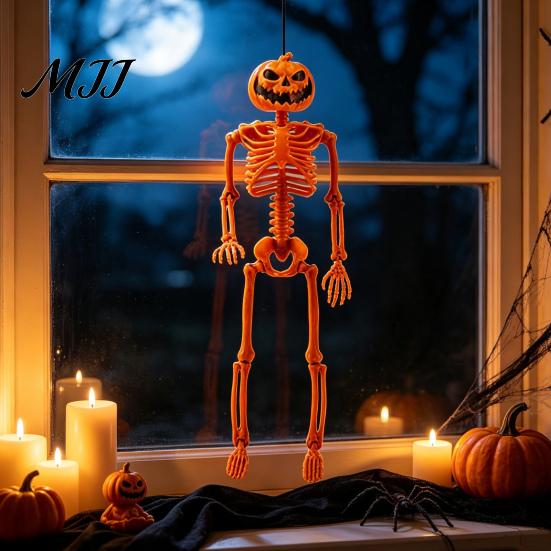 Pumpkin Skull Prop 40cm Head Skeleton for Halloween Decoration, Movable Joint Spooky Party Supplies Figurine with Hanging Lanyard, Festive Statue
