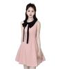 Xiaoxiangfeng Contrasting Color Bow Neck Dress Summer French Asymmetrical Lapel Ruffle Edge Sleeveless Short Skirt Women
