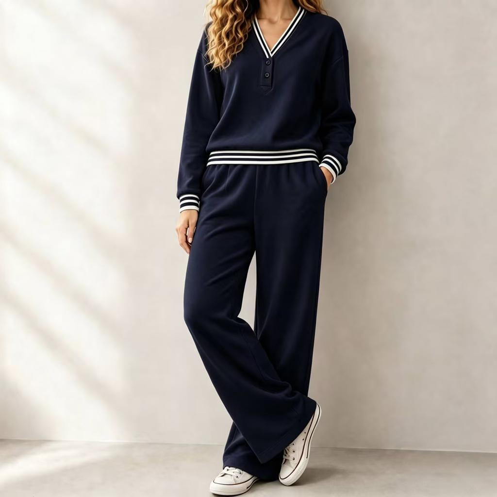 Women's Casual Loose Long Sleeve Top and Wide Leg Pants Two-Piece Set for Daily Wear