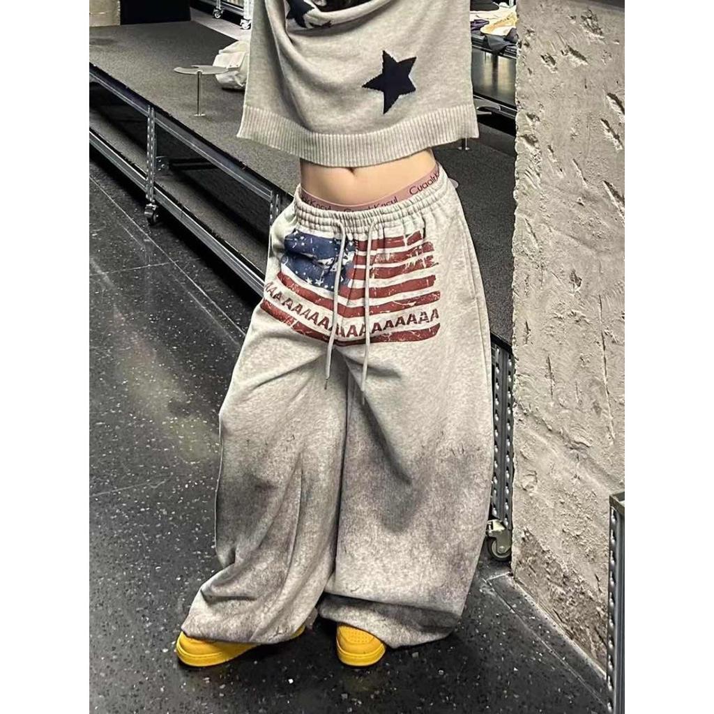 FlowStreet Y2K College American Hip-hop Goth Print Drawstring Wide Leg Sweatpants Loose 90s High Street Sports Trousers Floor Length Pants