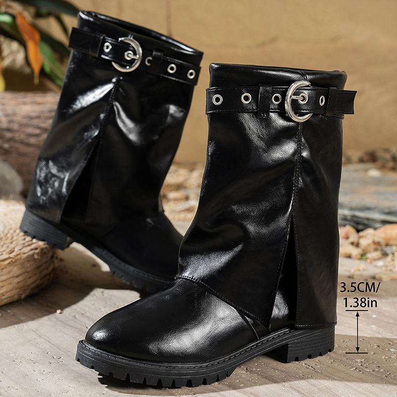 

Модные ботильоны до середины икры с широким голенищем и пряжкой на ремне, женские, большого размера 42, на среднем каблуке, из искусственной кожи, женские, слипоны, прямые, модные, botas mujer 42 чёрный