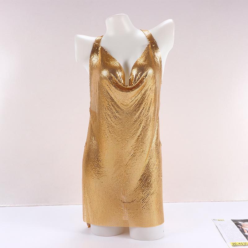 Cross-border European and American deep V slit suspender skirt with metal wire cloth sequin dress, perfect for nightclub and celebrity events.