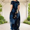 Women Plus Size Round Neck Short Sleeve Green Yellow Printed Loose Maxi Dress With Pockets