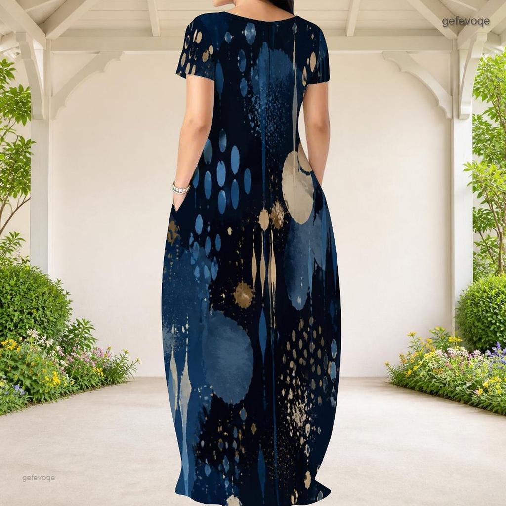 Women Plus Size Round Neck Short Sleeve Green Yellow Printed Loose Maxi Dress With Pockets