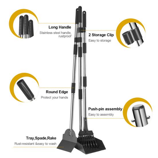 Swivel Bin Rake Spade Pooper Scooper Kit Adjustable Extended Handle Stainless Steel Waste