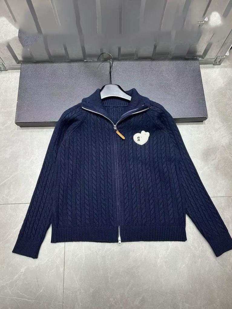 Miu Style 2025 Autumn/Winter Color Block Embroidery High Neck Cable Knit Elegant Cardigan