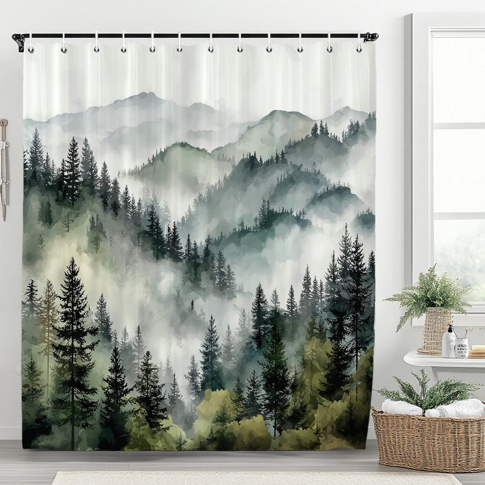 Misty Mountain Shower Curtain: Embrace the Serene Design, Soft Fabric, Natural Landscape Bathroom Decorative Curtain With Hooks