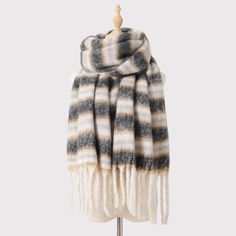 Mohair Winter Striped Scarf Women's Warm Color Matching Imitation Cashmere Advanced Sense Thickened Scarf Versatile Fashion Shawl