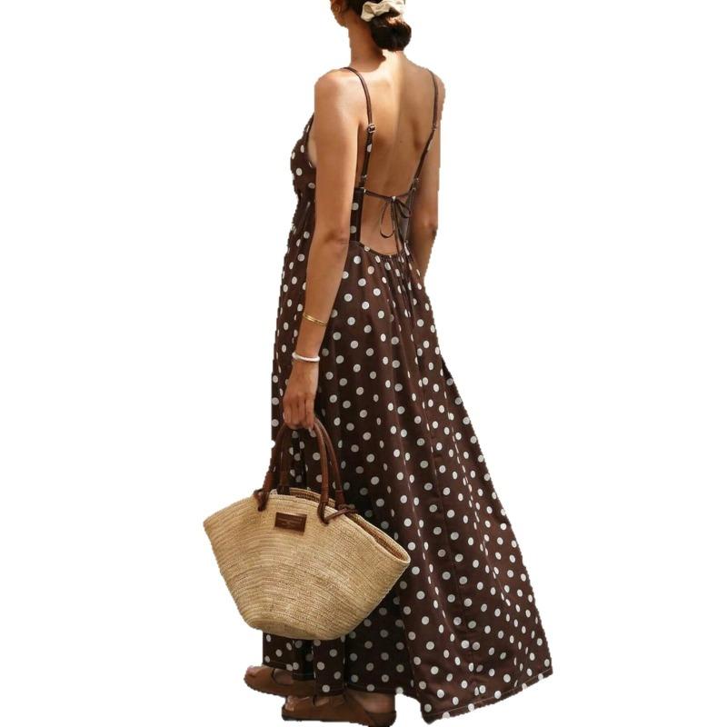 Women Brown Polka Dot Backless Spaghetti Strap A Line Maxi Vacation Dress