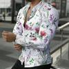 Camisa de Hombre con Cuello Estampado de Amapola Silvestre Helecho Blanco Rosa Morado Manga Larga Botones Arriba