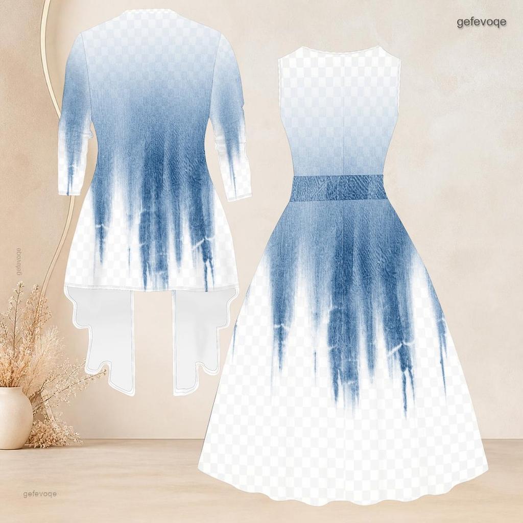 Women Plus Size Two Piece Set Round Neck Sleeveless Tie Waist Flared Dress 3 4 Sleeve Open Cardigan Printed
