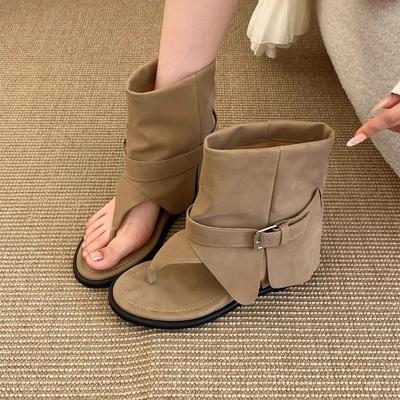 Spot 2025 New Retro Belt Buckle Toe Flat Bottom Open Toe Fashion Short Boots Comfortable Herringbone Inner Height Increase Women's Boots