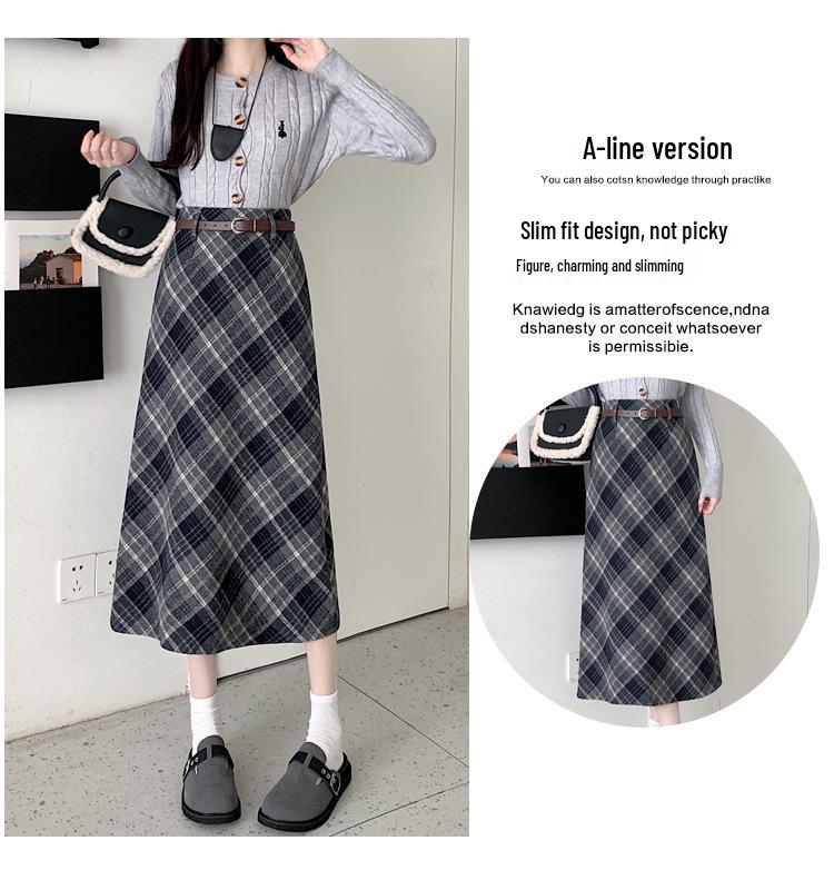 Plus Size Korean-Style Plaid Wool Skirt with Belt for Women