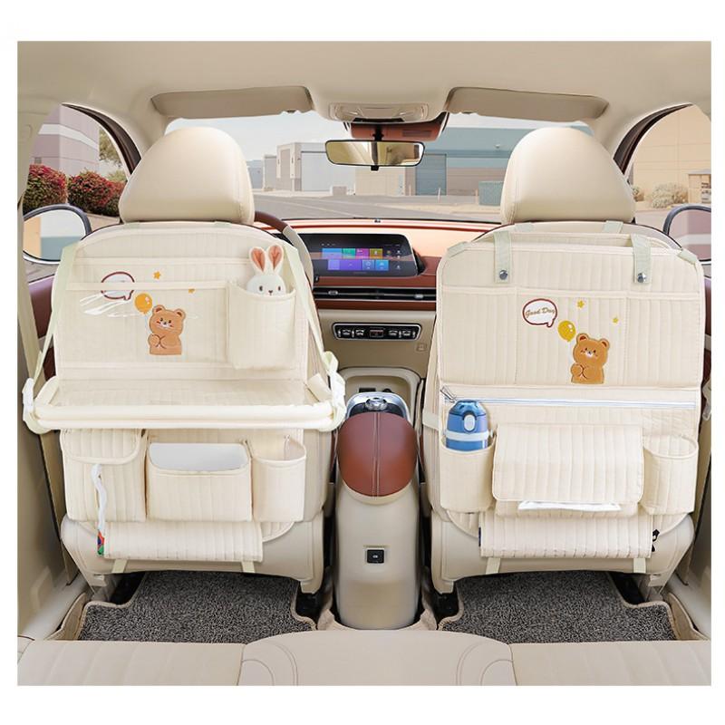 Car Backseat Organizer With Foldable Tray Storage Pouch Cotton Bear Design Hanging Seat Back Accessory