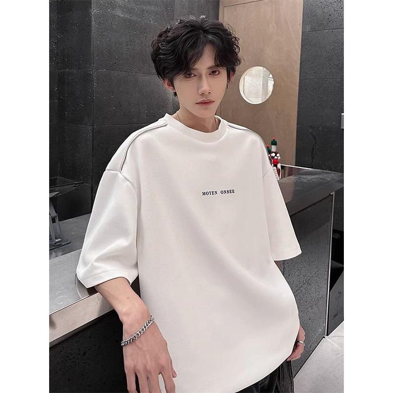 Men's Black T-shirt Streetwear Style Short Sleeve Letter Print Casual Loose Fit Top