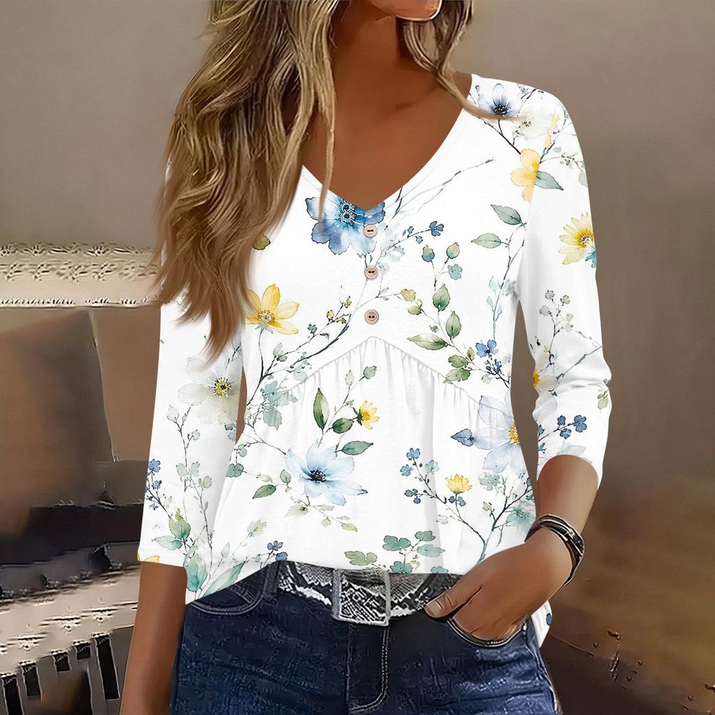 Damen 3/4 Ärmel V-Ausschnitt Knopfdetails Blumenmuster Tunika Oberteil Lässig Lockerer Schnitt Leichte Bluse