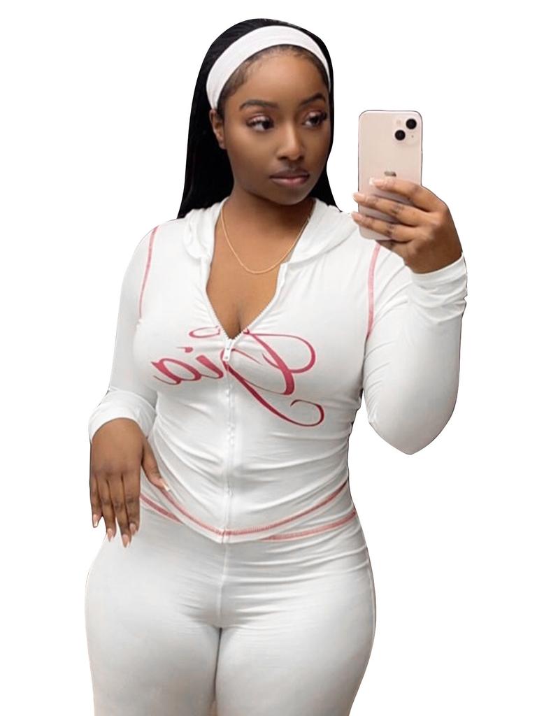 2026 Women Printed Hooded Long Sleeve Crop Top & Flare Pants Two Piece Set Slim Fit Thumb Hole Y2K Streetwear Tracksuit