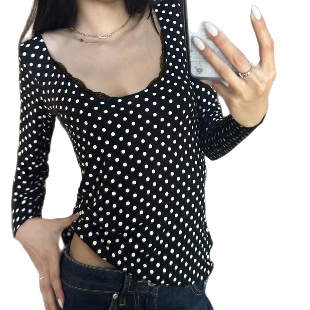 Casual polka dot lace splicing slim-fitting slim top women's versatile pure desire style long-sleeved T-shirt