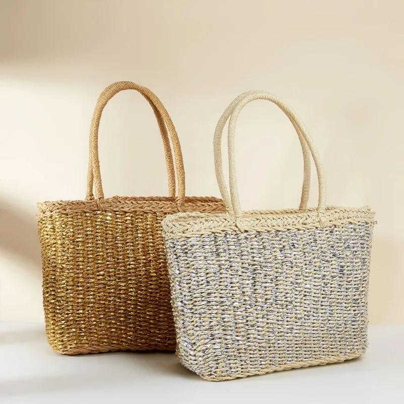 Summer New Paper Rope Hand-woven Straw Bag for Women  Seaside Holiday Beach Bag Bali Shopper Purse Handbag