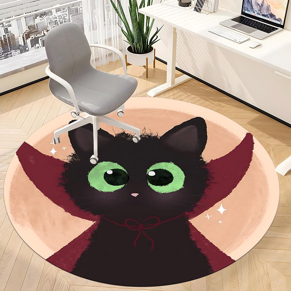 1PC Black Cat Office Round Area Rug,  Mat Suitable ForOffice, Under Office Chairs Bedroom Living Room Home Decor, Room Deco