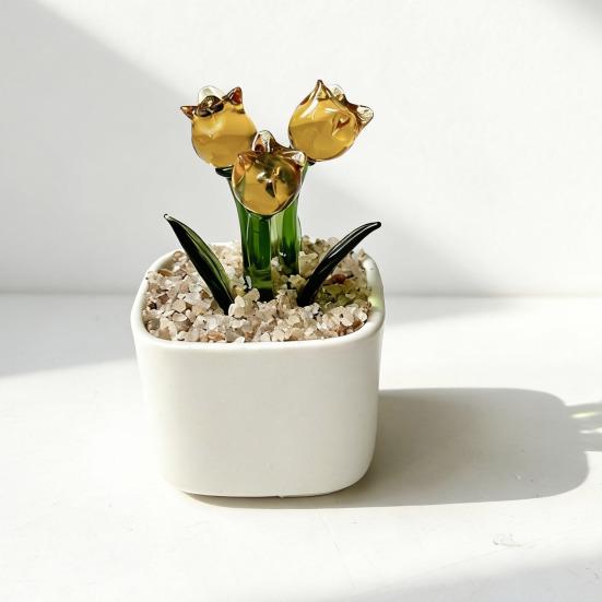 Mini Potted Glass Flower Decoration Miniature Tulip Flower Planter Pot Figurine Statue Home Office Bookshelf Desktop Ornament