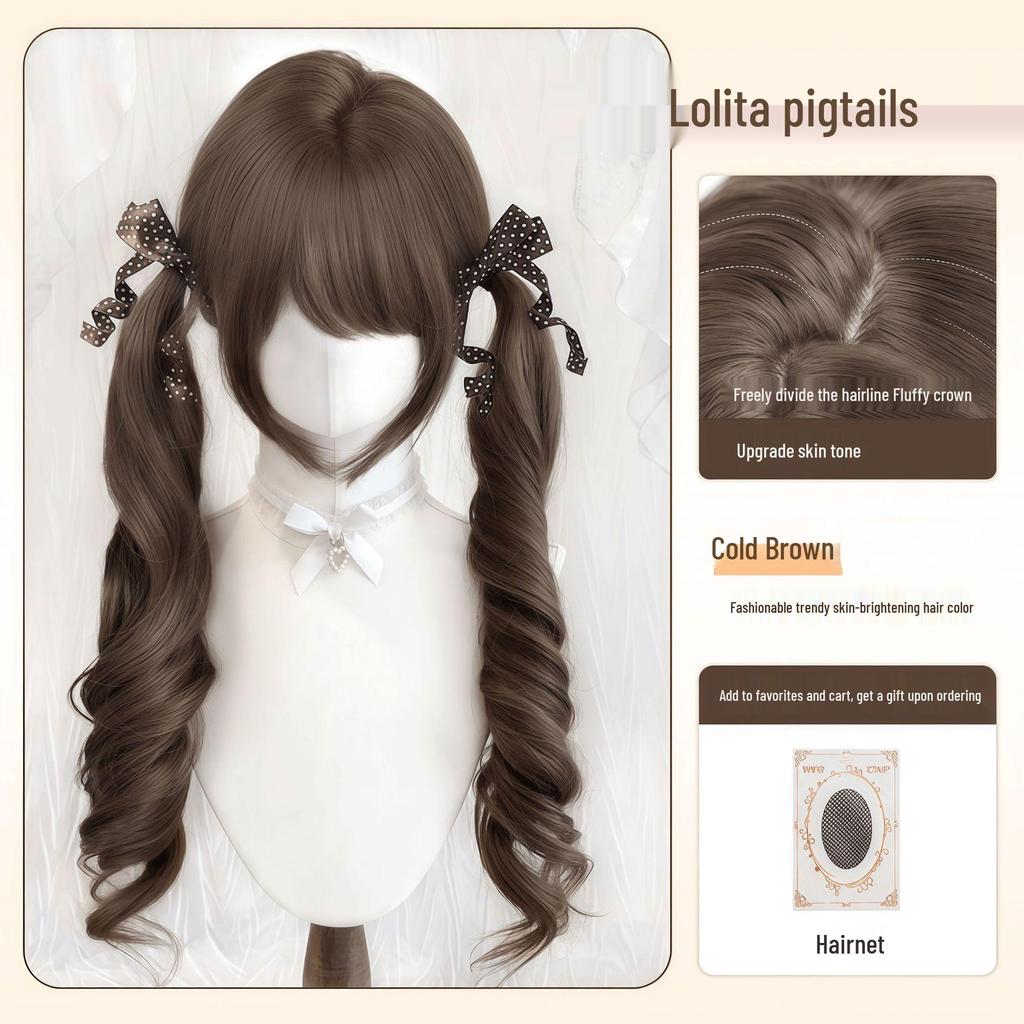70cm Double Ponytail Lolita Wig with Sideburns - Long, Curly Daily Wig for Women