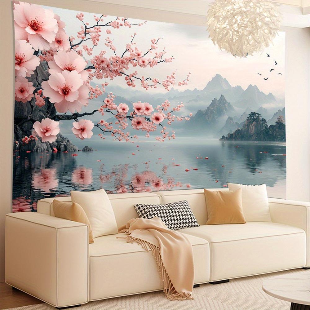 1pc Vintage 3D Cherry Blossom and Mountain Lake Tapestry- Polyester Fabric, Suitable for Living Room, Bedroom, Office Decoration