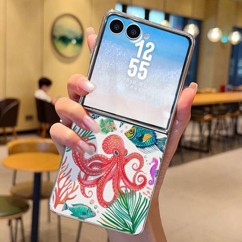 Sea Turtle Pattern PU Leather Phone Case For Samsung Galaxy Z Flip7 FE Flip6 Flip 7 6 5 5G Silver Plating Frame Hard Back Cover