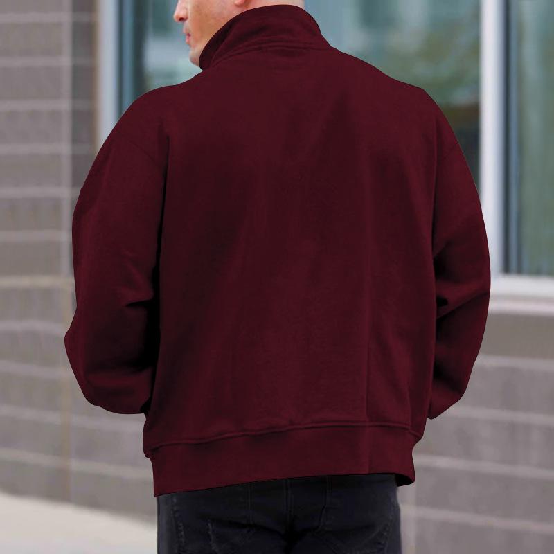 Autumn Winter Men's Plush Velvet Solid Long Sleeve Half Zip Polo Stand Collar Top