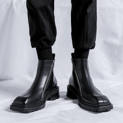 Sztyblety z kwadratowym noskiem Skórzane buty Styl brytyjski Czarne Średniej wysokości Krótkie buty Podwójny zamek Martiny Trend 4512-R