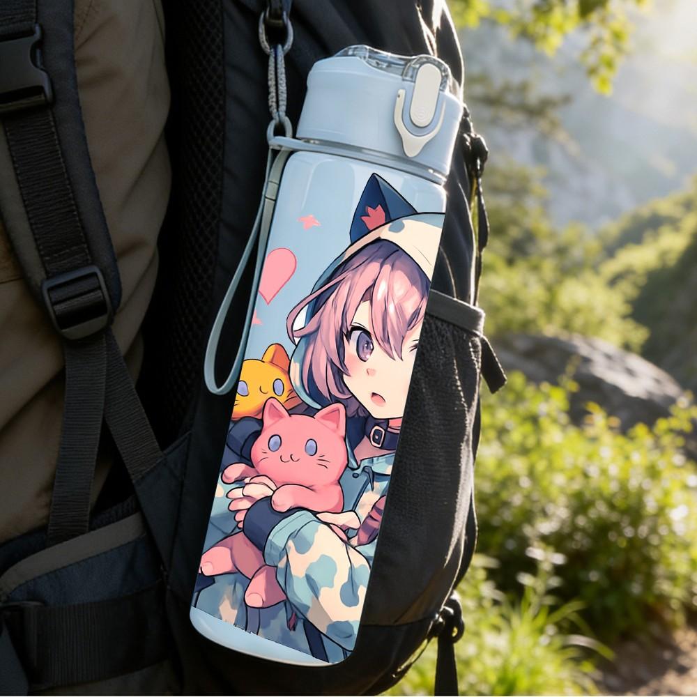 1PC Anime Girl Cat Ear Hoodie Print 750ml Color Plastic Sports Water Bottle Leakproof Flip Straw Lid Suitable for Sports Office Home Use
