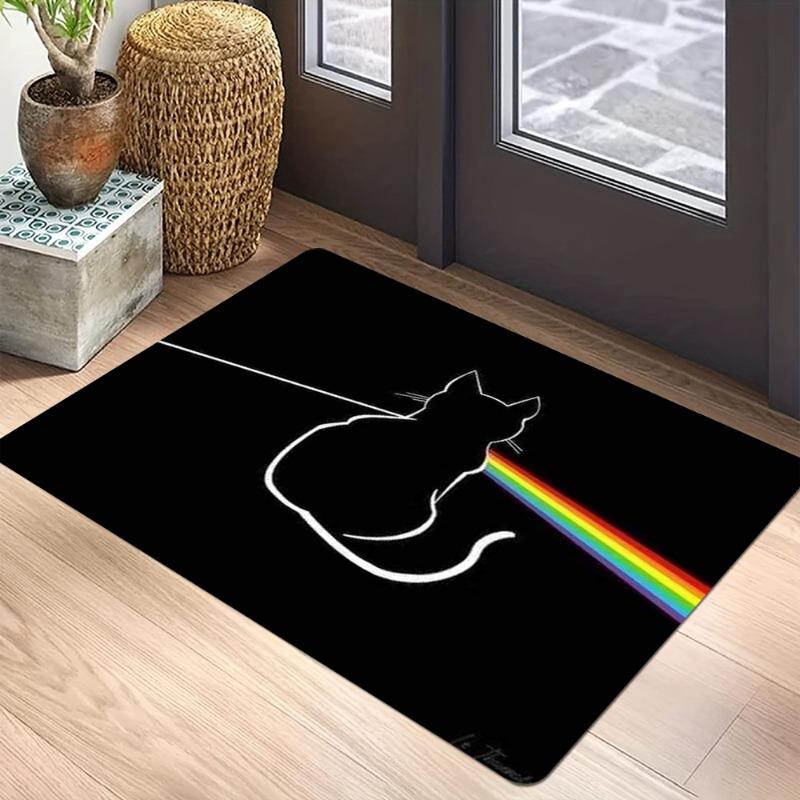 Rainbow Cat Doormat - Black Funny Cartoon Design with Color Spectrum Print Non-Slip Entrance Mat for Unique Home Decor Fashion 40cm x 60cm