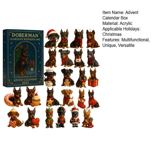 Doberman Guardian Wonderland Advent Calendar 2025 24-Day Countdown Box Acrylic Mini Dog Themed Ornaments Holiday Decoration Gift for Dog Lovers
