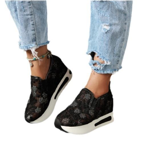 Large Size One-Pedal Single Shoes For Women'S Spring New Korean Version Of Lace Mesh Yarn Inner Height-Increasing Muffin Sole Casual Single Shoes