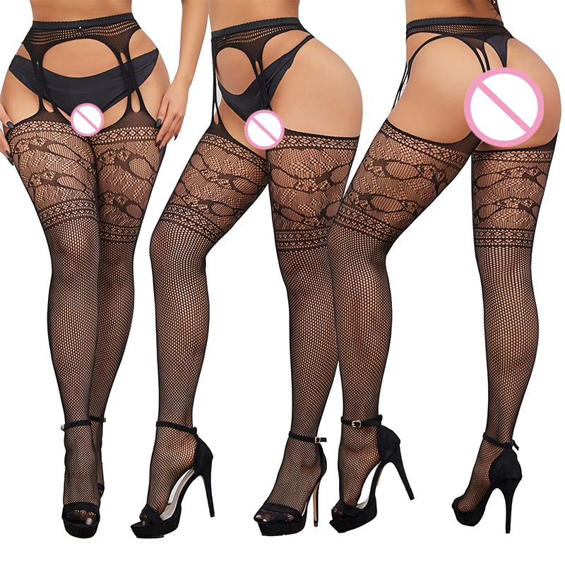 Women Erotic Lingerie Rhinestone Stockings With Belt Set High Fishnet Hosiery Sexy Crotchless Pantyhose Black Mesh Long Stocking