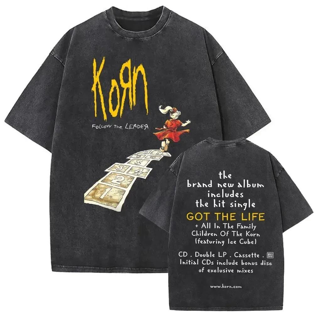 Korn Follow the Leader 1998 Nu Metal Album Graphic Oversized Vintage Washed Streetwear T-Shirt Featuring "Got the Life" & "All In the Family" for Rock